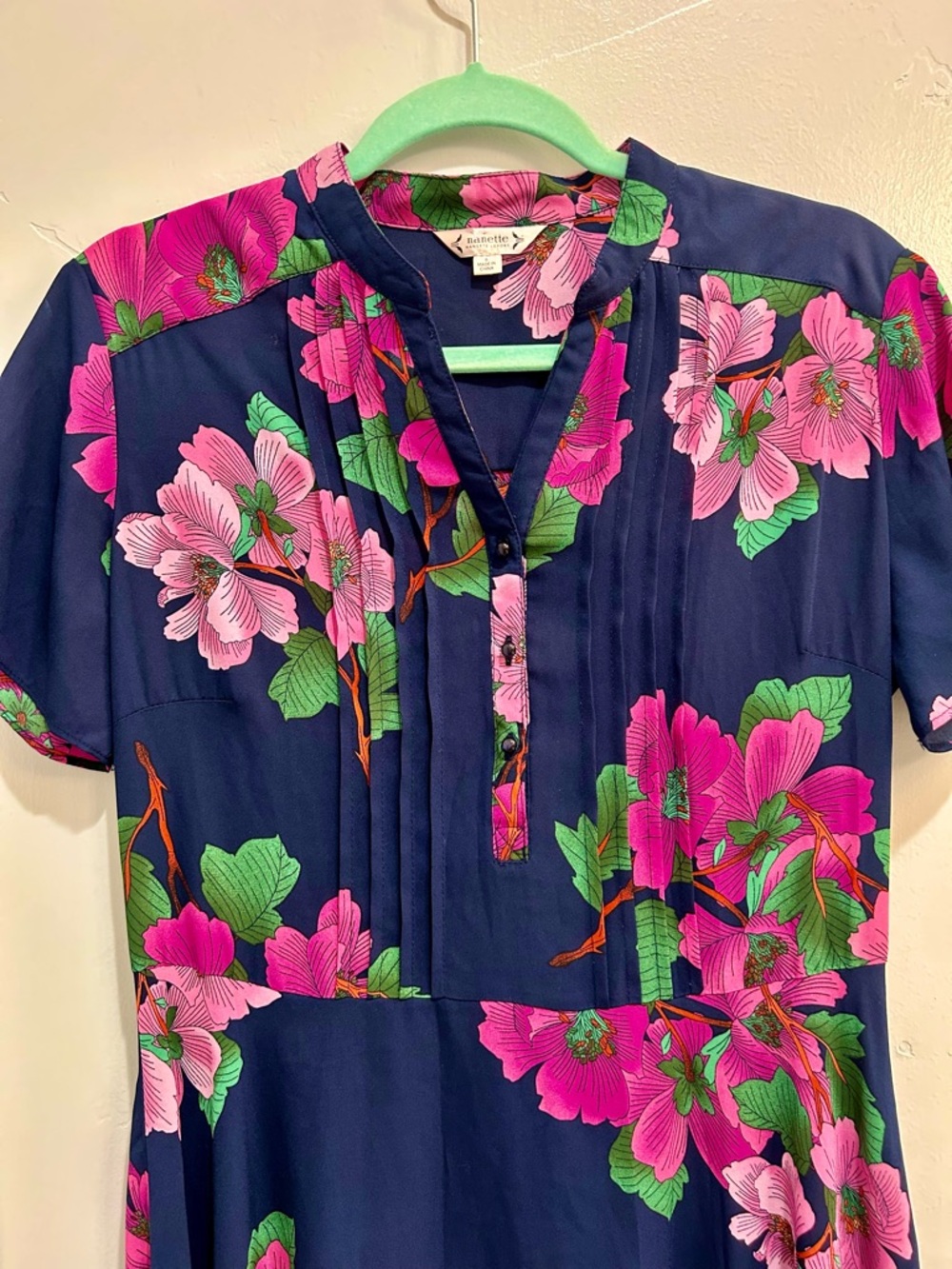 Nanette Lepore Floral Shirtdress Midi Navy Fuchsia Pink Pleated Front Size 6 - Picture 3 of 10